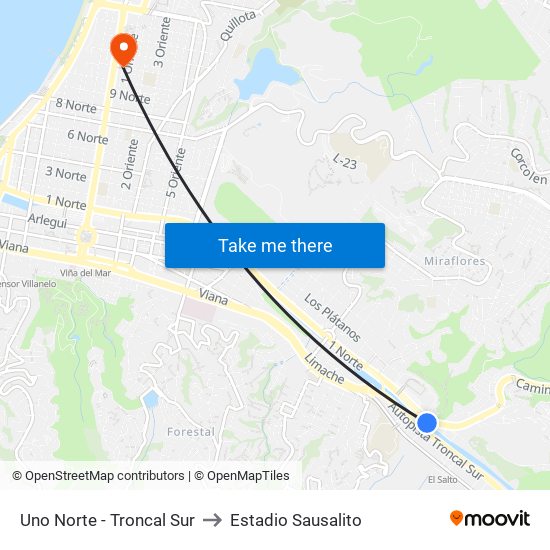 Uno Norte - Troncal Sur to Estadio Sausalito map