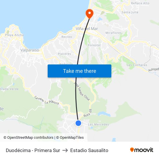 Duodécima - Primera Sur to Estadio Sausalito map