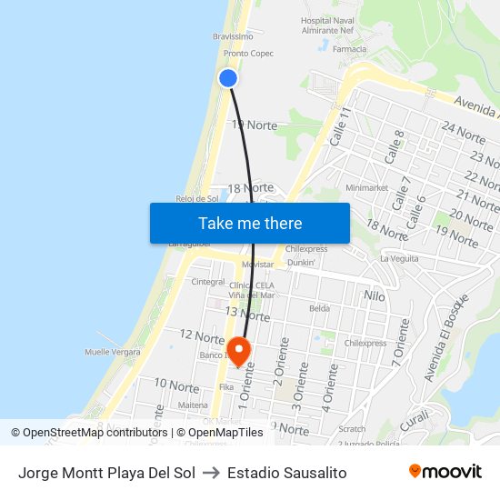 Jorge Montt Playa Del Sol to Estadio Sausalito map