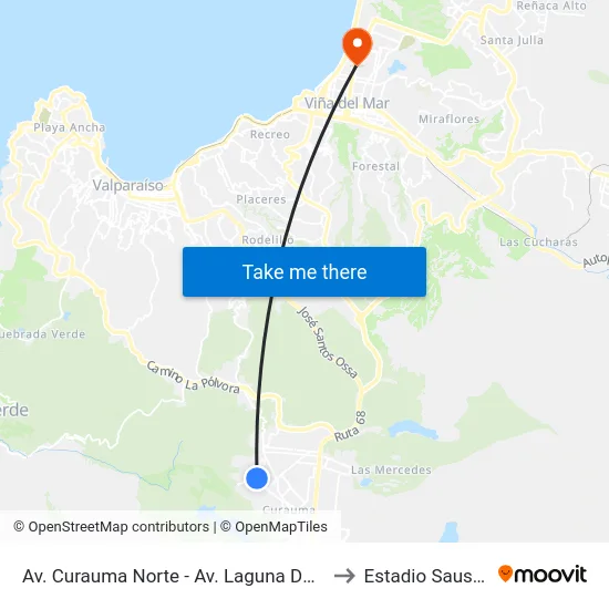 Av. Curauma Norte - Av. Laguna De La Luz to Estadio Sausalito map