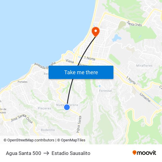 Agua Santa 500 to Estadio Sausalito map