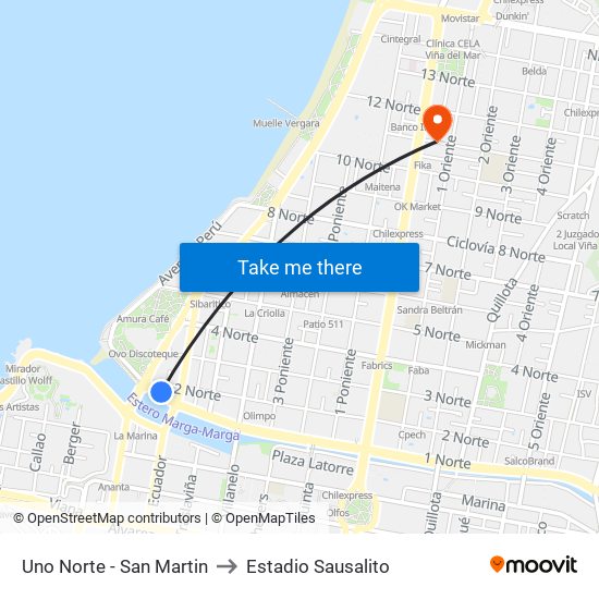 Uno Norte - San Martin to Estadio Sausalito map