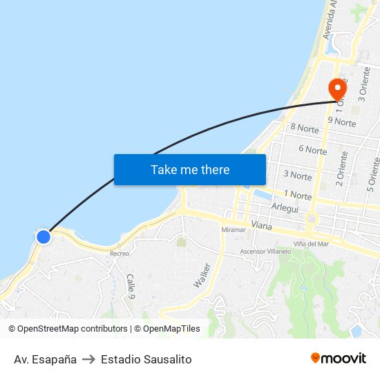 Av. Esapaña to Estadio Sausalito map