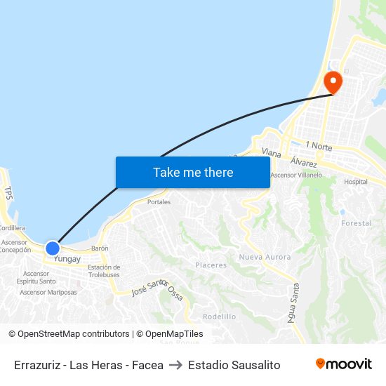 Errazuriz - Las Heras - Facea to Estadio Sausalito map