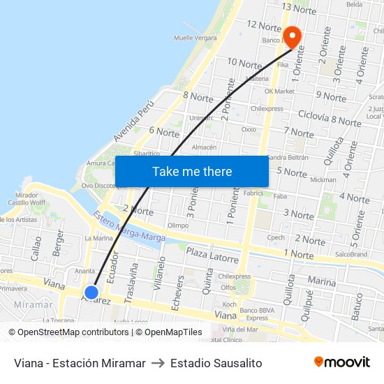 Viana - Estación Miramar to Estadio Sausalito map
