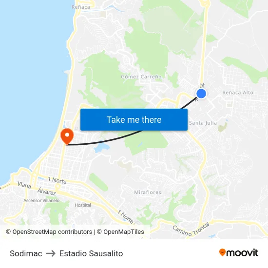 Sodimac to Estadio Sausalito map