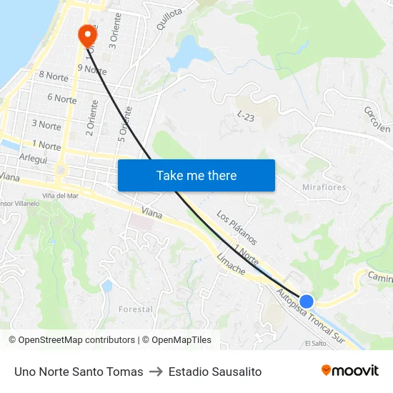 Uno Norte Santo Tomas to Estadio Sausalito map
