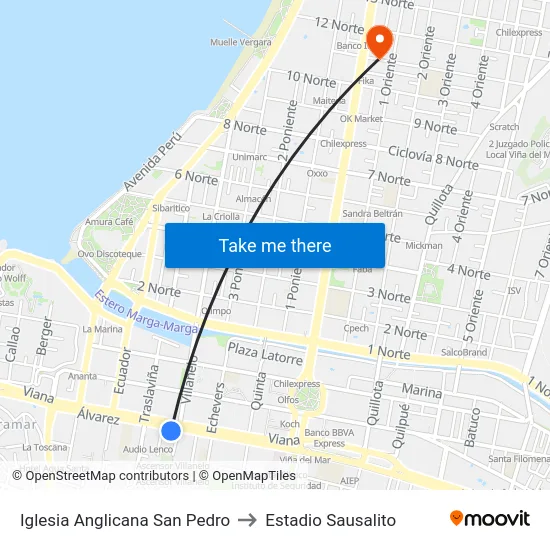 Iglesia Anglicana San Pedro to Estadio Sausalito map