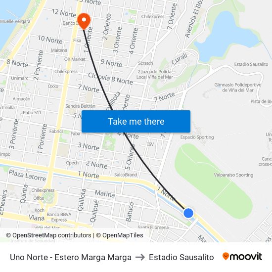 Uno Norte - Estero Marga Marga to Estadio Sausalito map