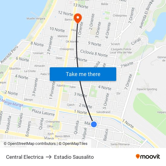 Central Electrica to Estadio Sausalito map