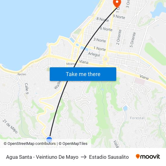 Agua Santa - Veintiuno De Mayo to Estadio Sausalito map