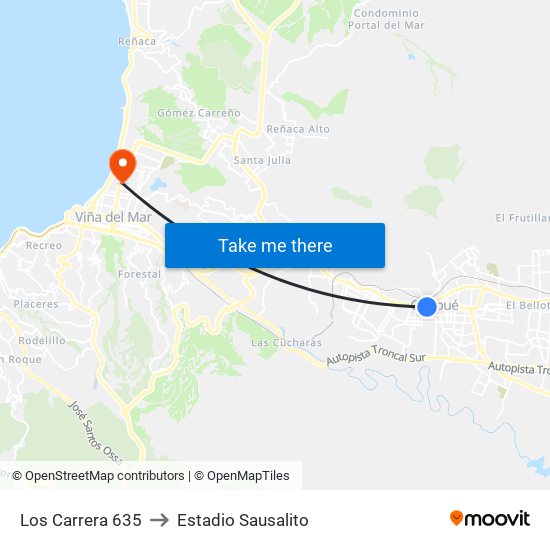 Los Carrera 635 to Estadio Sausalito map