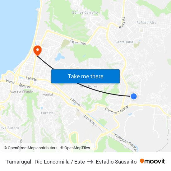 Tamarugal - Rio Loncomilla / Este to Estadio Sausalito map