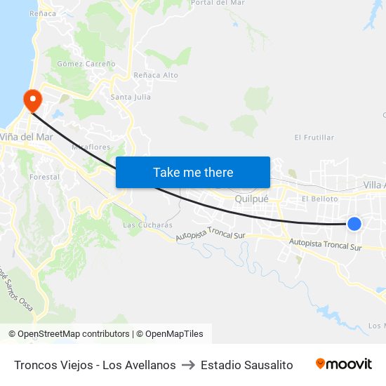 Troncos Viejos - Los Avellanos to Estadio Sausalito map