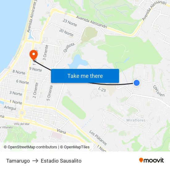 Tamarugo to Estadio Sausalito map