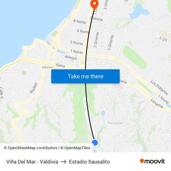 Viña Del Mar - Valdivia to Estadio Sausalito map