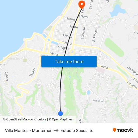 Villa Montes - Montemar to Estadio Sausalito map