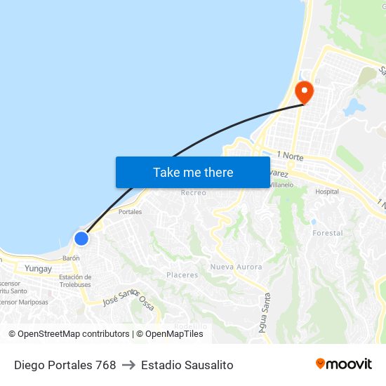 Diego Portales 768 to Estadio Sausalito map