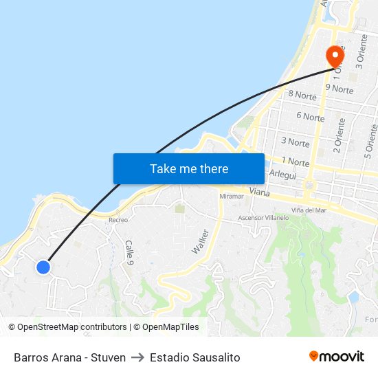 Barros Arana - Stuven to Estadio Sausalito map