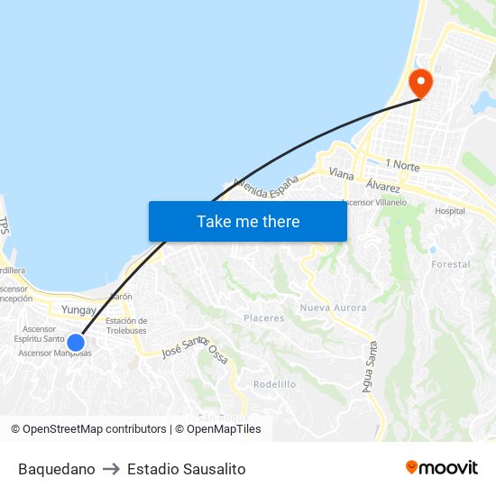 Baquedano to Estadio Sausalito map