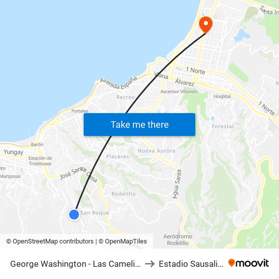 George Washington - Las Camelias to Estadio Sausalito map