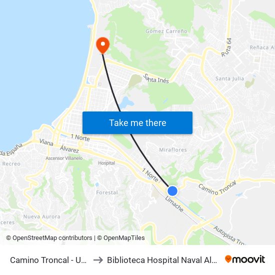 Camino Troncal - Uno Norte to Biblioteca Hospital Naval Almirante Nef map