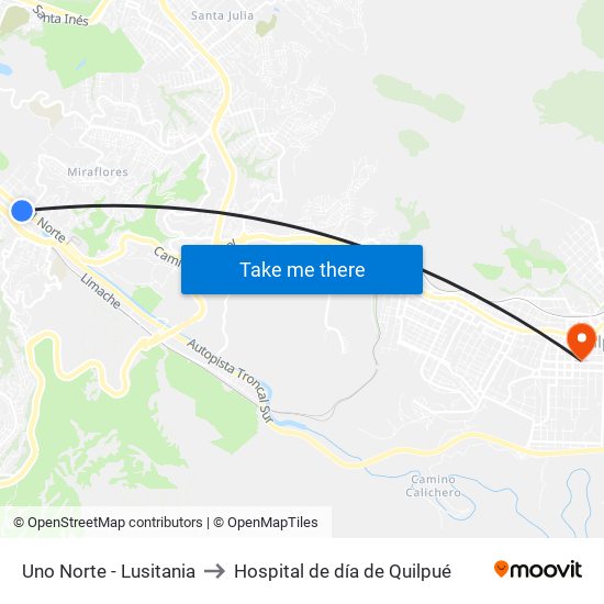 Uno Norte - Lusitania to Hospital de día de Quilpué map