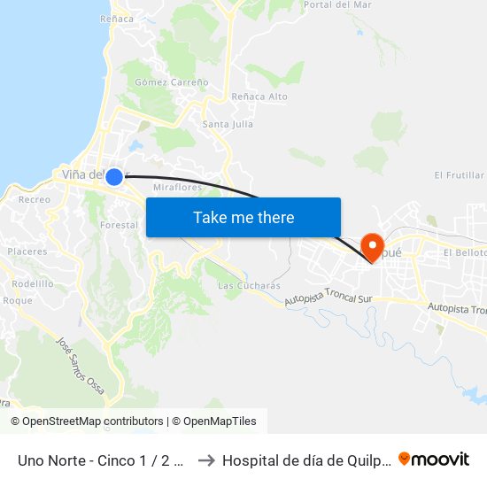 Uno Norte - Cinco 1 / 2 Ote to Hospital de día de Quilpué map
