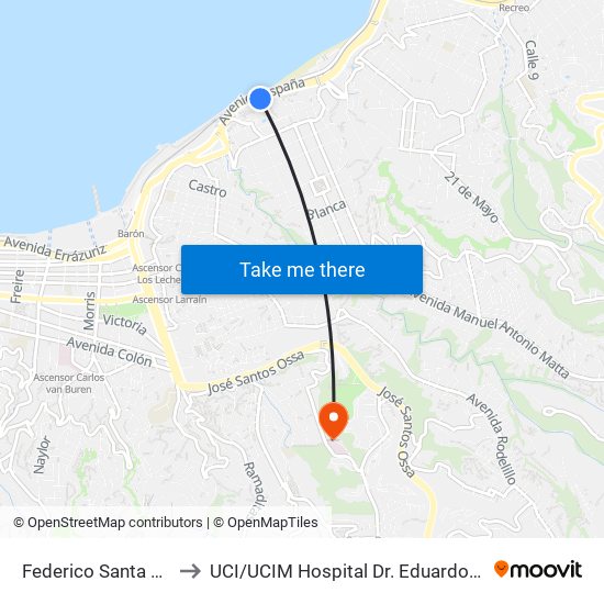 Federico Santa Maria to UCI / UCIM Hospital Dr. Eduardo Pereira map