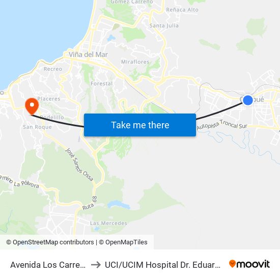 Avenida Los Carrera, 615 to UCI / UCIM Hospital Dr. Eduardo Pereira map