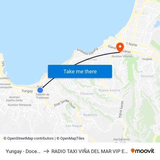 Yungay - Doce De Febrero to RADIO TAXI VIÑA DEL MAR VIP EXCLUSIVE EJECUTIVO map