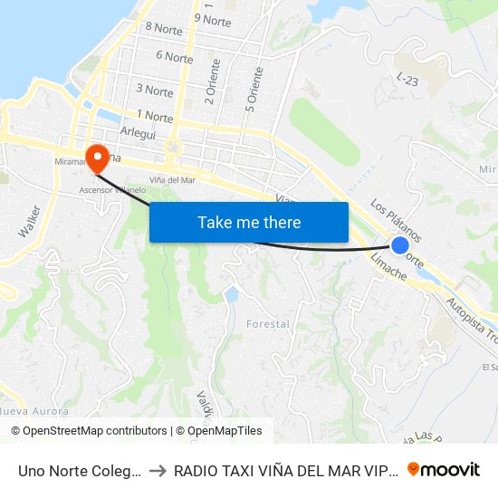 Uno Norte Colegio San Ignacio to RADIO TAXI VIÑA DEL MAR VIP EXCLUSIVE EJECUTIVO map