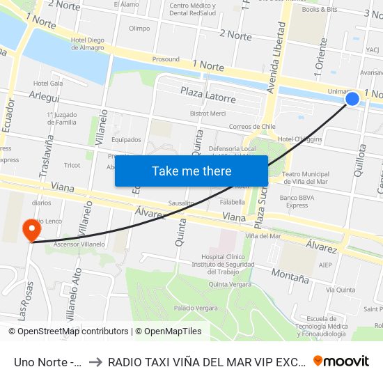 Uno Norte - Quillota to RADIO TAXI VIÑA DEL MAR VIP EXCLUSIVE EJECUTIVO map