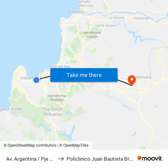 Av. Argentina / Pje Quillota to Policlinico Juan Bautista Bravo Vega map