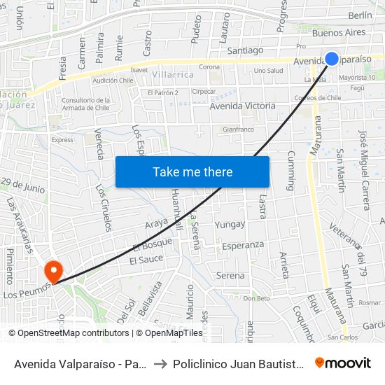 Avenida Valparaíso - Paseo La Torre to Policlinico Juan Bautista Bravo Vega map