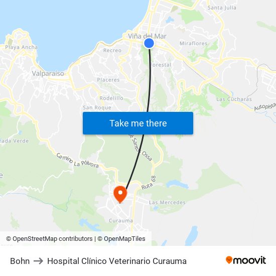 Bohn to Hospital Clínico Veterinario Curauma map