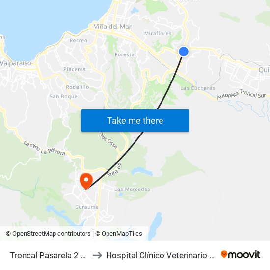 Troncal Pasarela 2 / Norte to Hospital Clínico Veterinario Curauma map