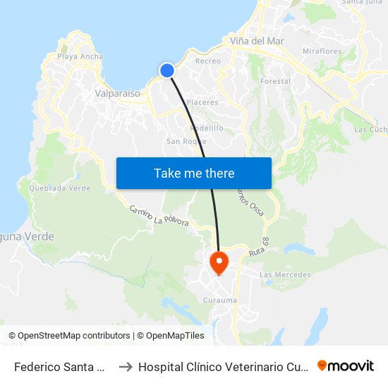 Federico Santa Maria to Hospital Clínico Veterinario Curauma map