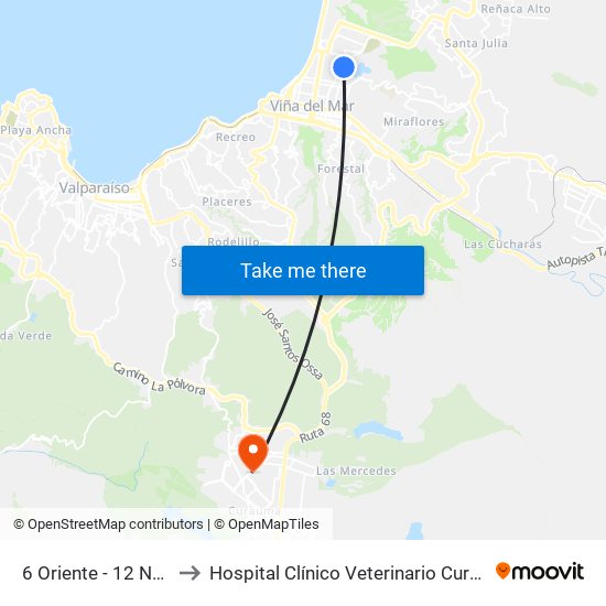6 Oriente - 12 Norte to Hospital Clínico Veterinario Curauma map