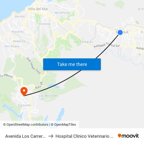 Avenida Los Carrera, 615 to Hospital Clínico Veterinario Curauma map