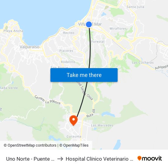 Uno Norte - Puente Quinta to Hospital Clínico Veterinario Curauma map