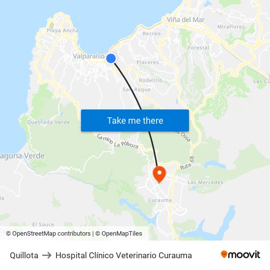 Quillota to Hospital Clínico Veterinario Curauma map