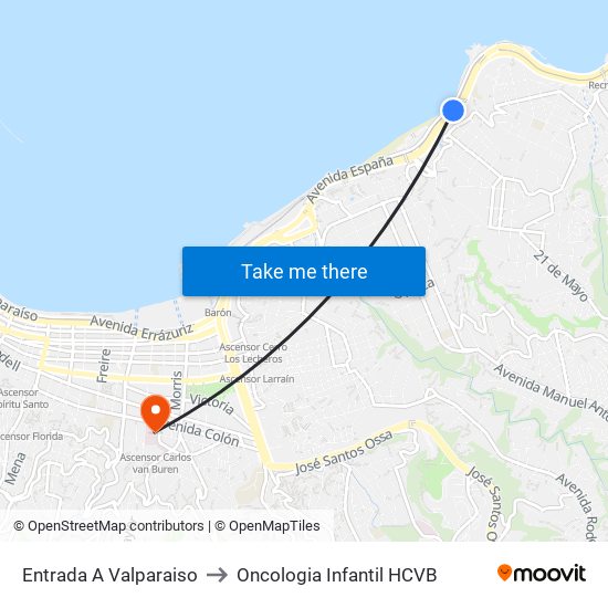 Entrada A Valparaiso to Oncologia Infantil HCVB map