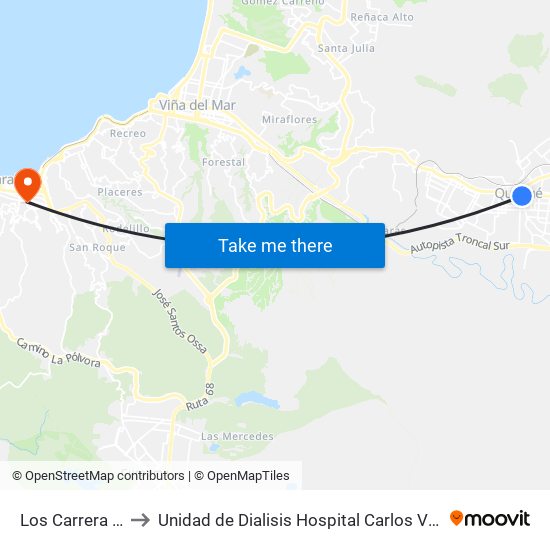 Los Carrera 981 to Unidad de Dialisis Hospital Carlos Van Buren map