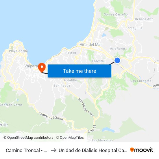 Camino Troncal - Uno Norte to Unidad de Dialisis Hospital Carlos Van Buren map