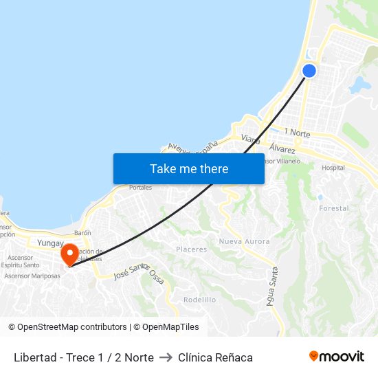 Libertad - Trece 1 / 2 Norte to Clínica Reñaca map
