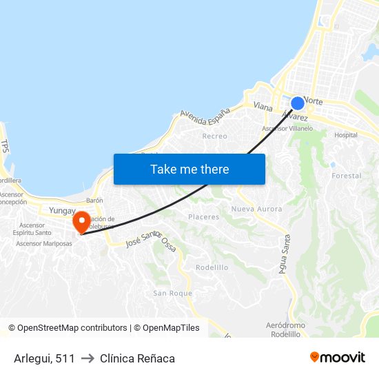 Arlegui, 511 to Clínica Reñaca map