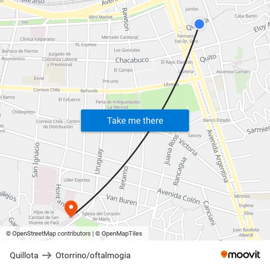 Quillota to Otorrino/oftalmogia map