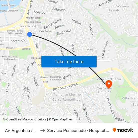 Av. Argentina / Pje Quillota to Servicio Pensionado - Hospital Dr. Eduardo Pereira map