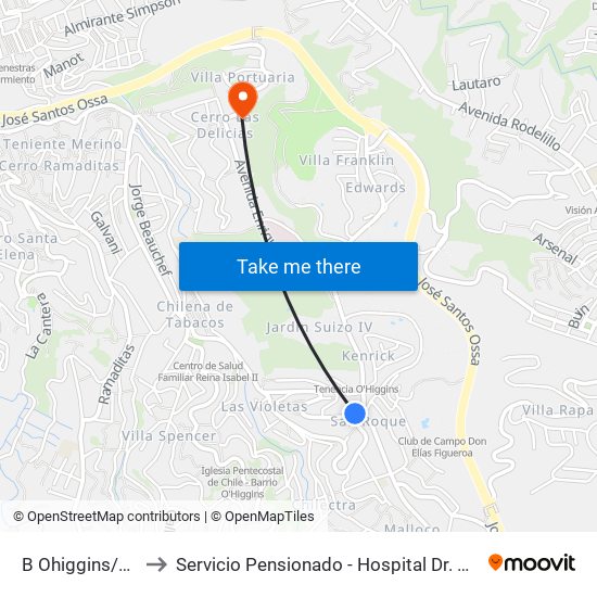 B Ohiggins/Kenrick to Servicio Pensionado - Hospital Dr. Eduardo Pereira map